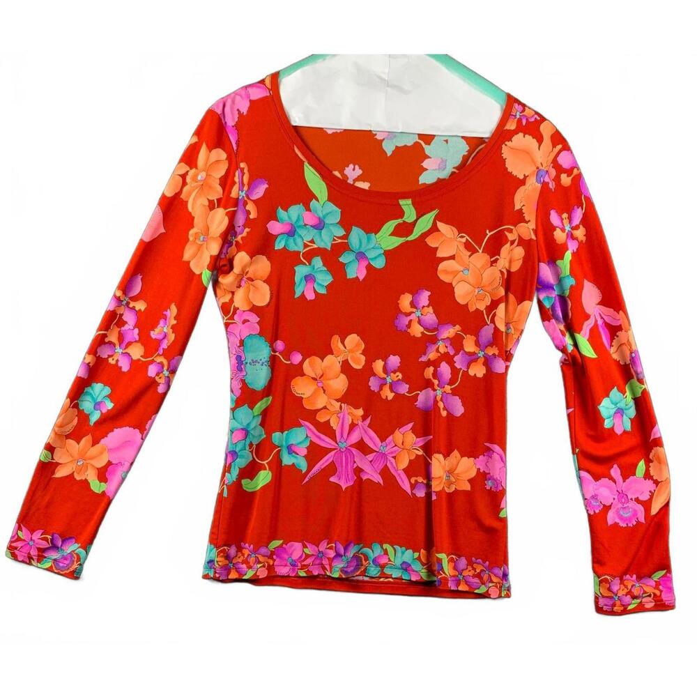 Leonard Women's Long Sleeve Bateau Neck Vibrant Floral Print 100% Silk Top (421)